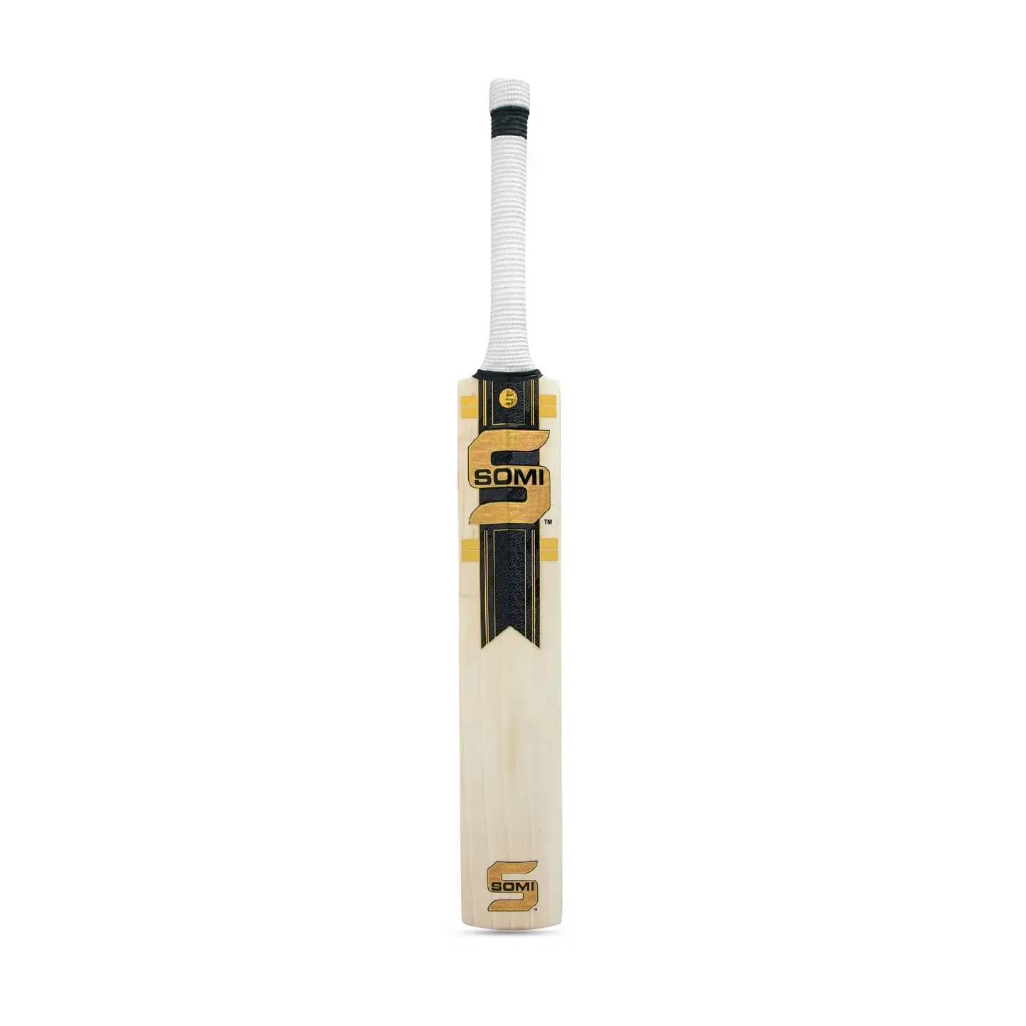 Somi Vision English Willow cricket bat with black and gold branding and white grip.